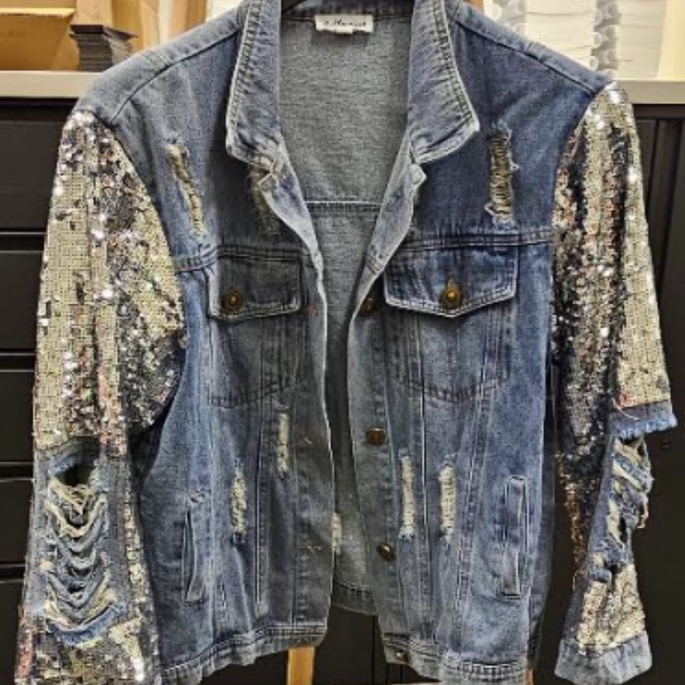 Macaron Distressed Sequin Denim Jacket - Size M - image 2